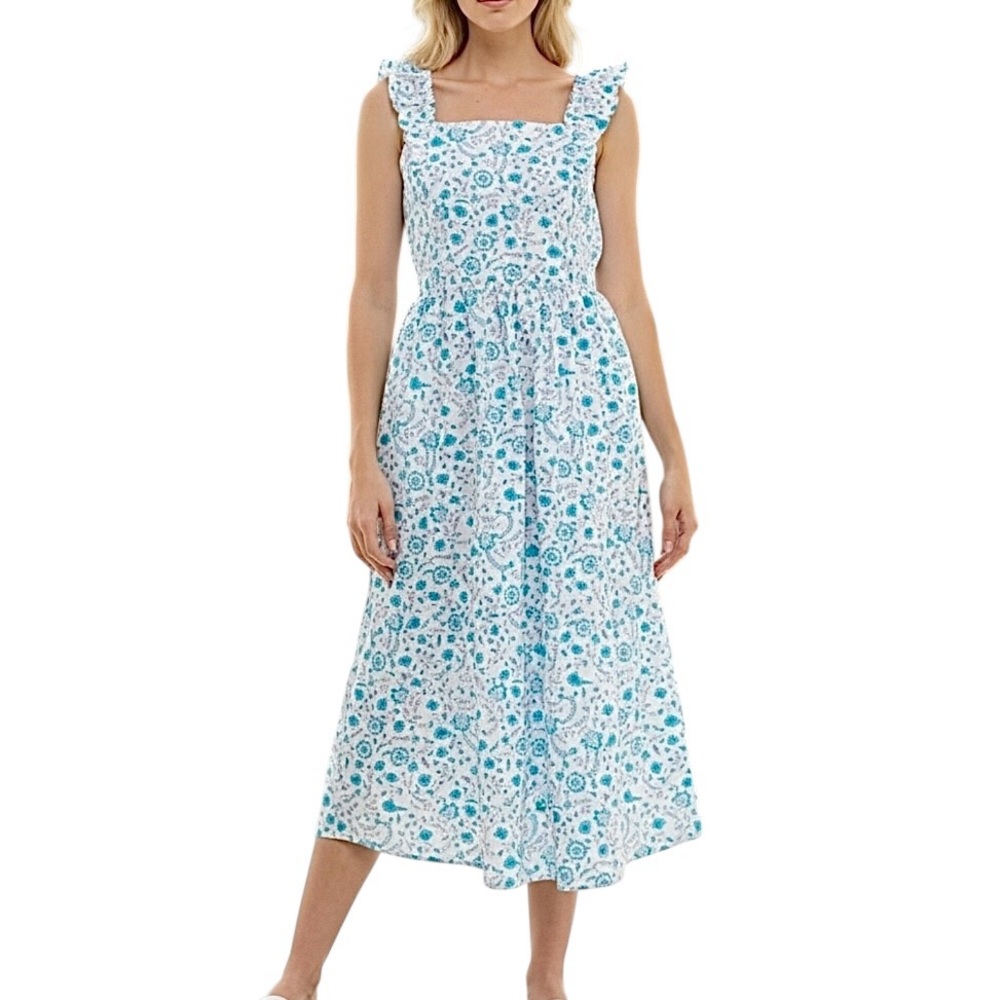Draper James Floral Dress Blue & White Ruffle Sleeve 100% Cotton Maxi Size XXL